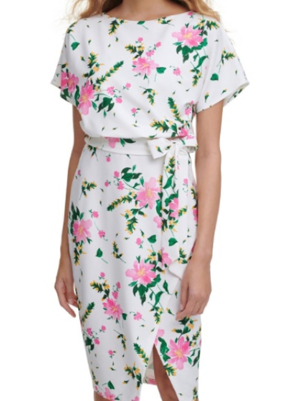 Kensie White Floral Belted Sheath Dress with Pink & Green Print